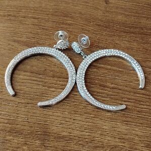 Silver Tone Clear Rhinestone Crescent Moon Open Hoop Statement Earrings Glam